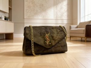 Женская замшевая сумка YSL Loulou Mini (Хаки с золотой цепочкой)
